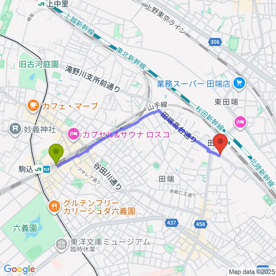 駒込駅から田端Pスタジオへのルートマップ地図