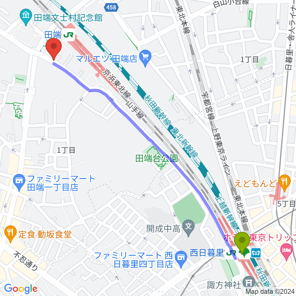 西日暮里駅から田端Pスタジオへのルートマップ地図