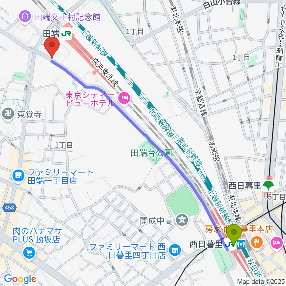 西日暮里駅から田端Pスタジオへのルートマップ地図