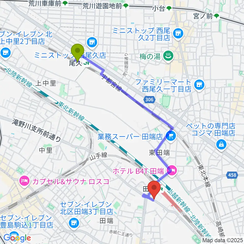 尾久駅から田端Pスタジオへのルートマップ地図