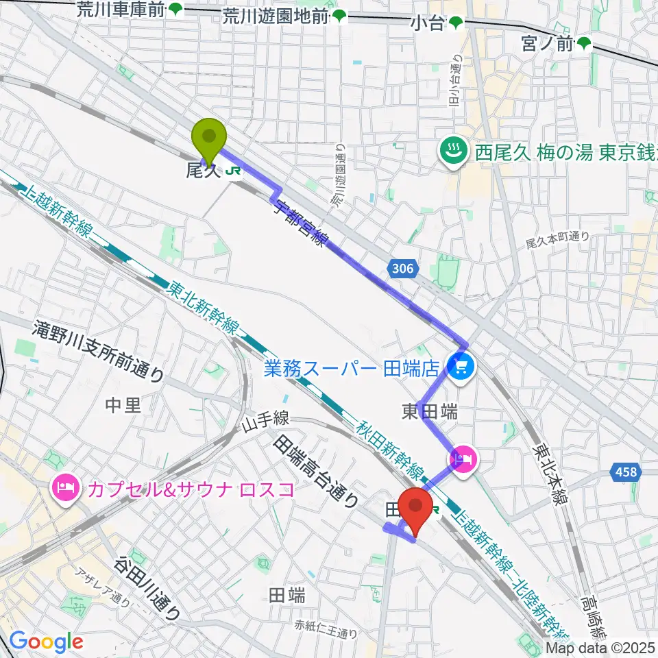 尾久駅から田端Pスタジオへのルートマップ地図