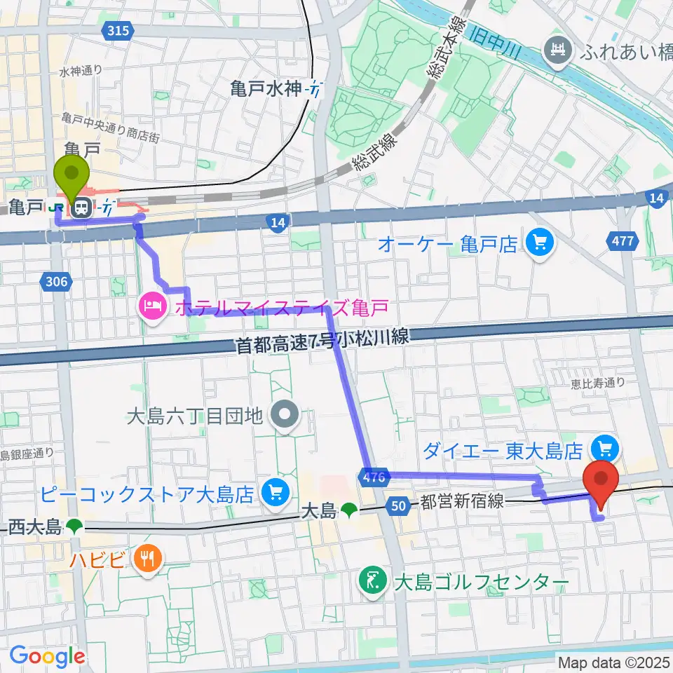 亀戸駅から東大島文化センターへのルートマップ地図