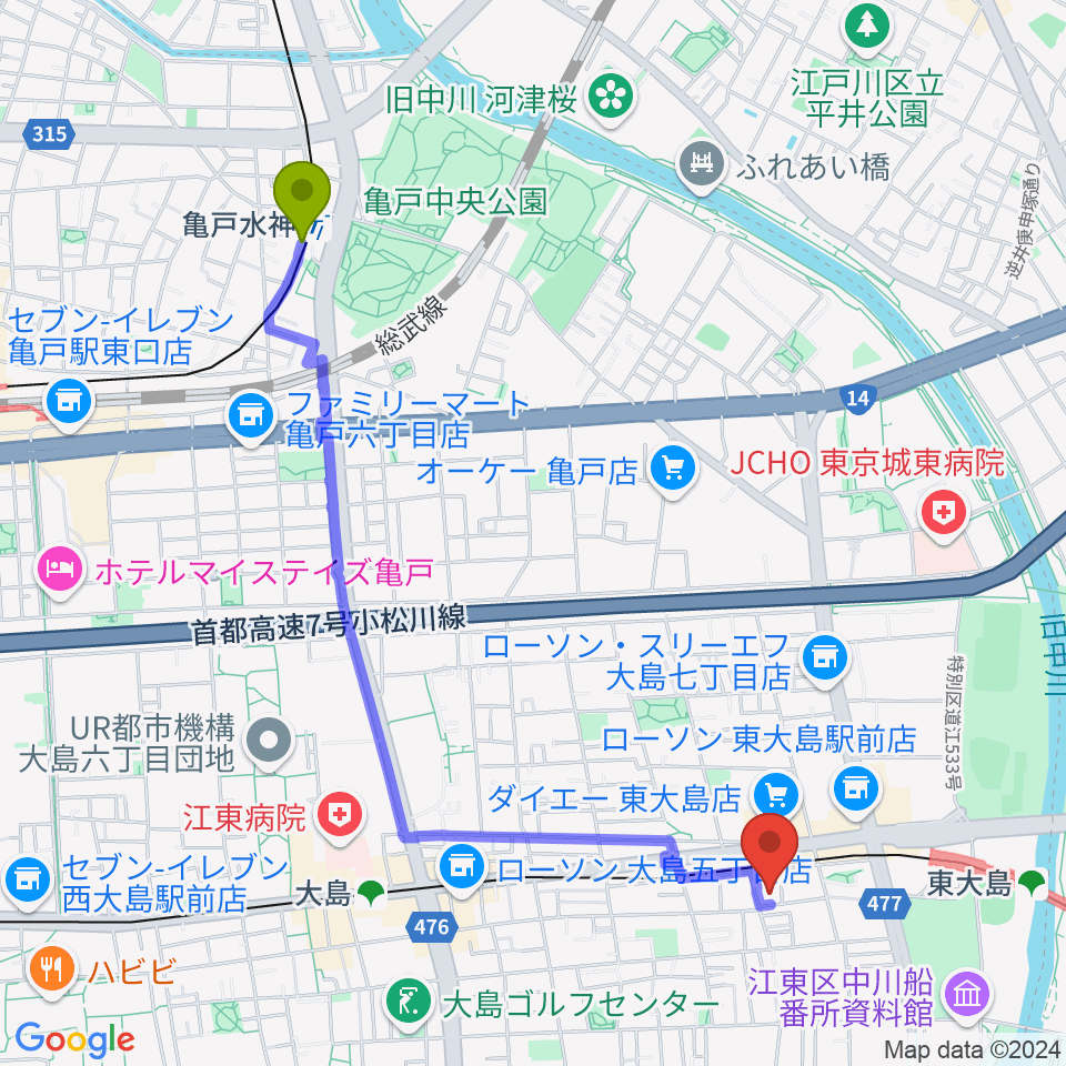 亀戸水神駅から東大島文化センターへのルートマップ地図