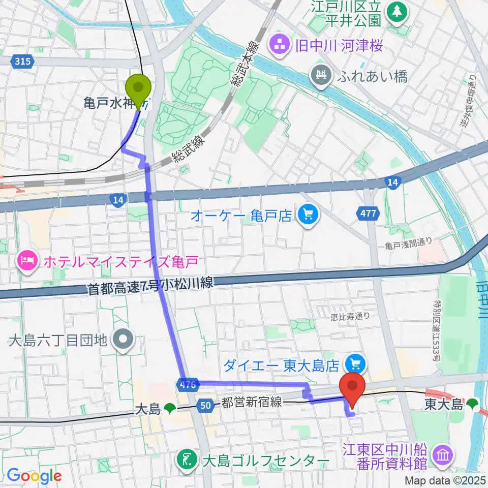 亀戸水神駅から東大島文化センターへのルートマップ地図