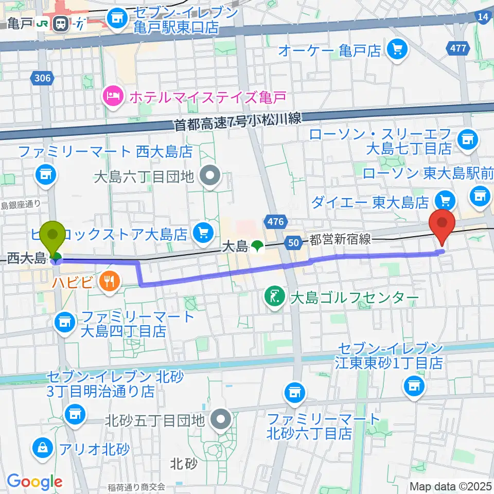 西大島駅から東大島文化センターへのルートマップ地図