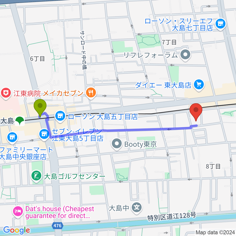 大島駅から東大島文化センターへのルートマップ地図