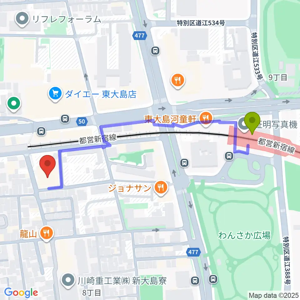 東大島文化センターの最寄駅東大島駅からの徒歩ルート（約5分）地図