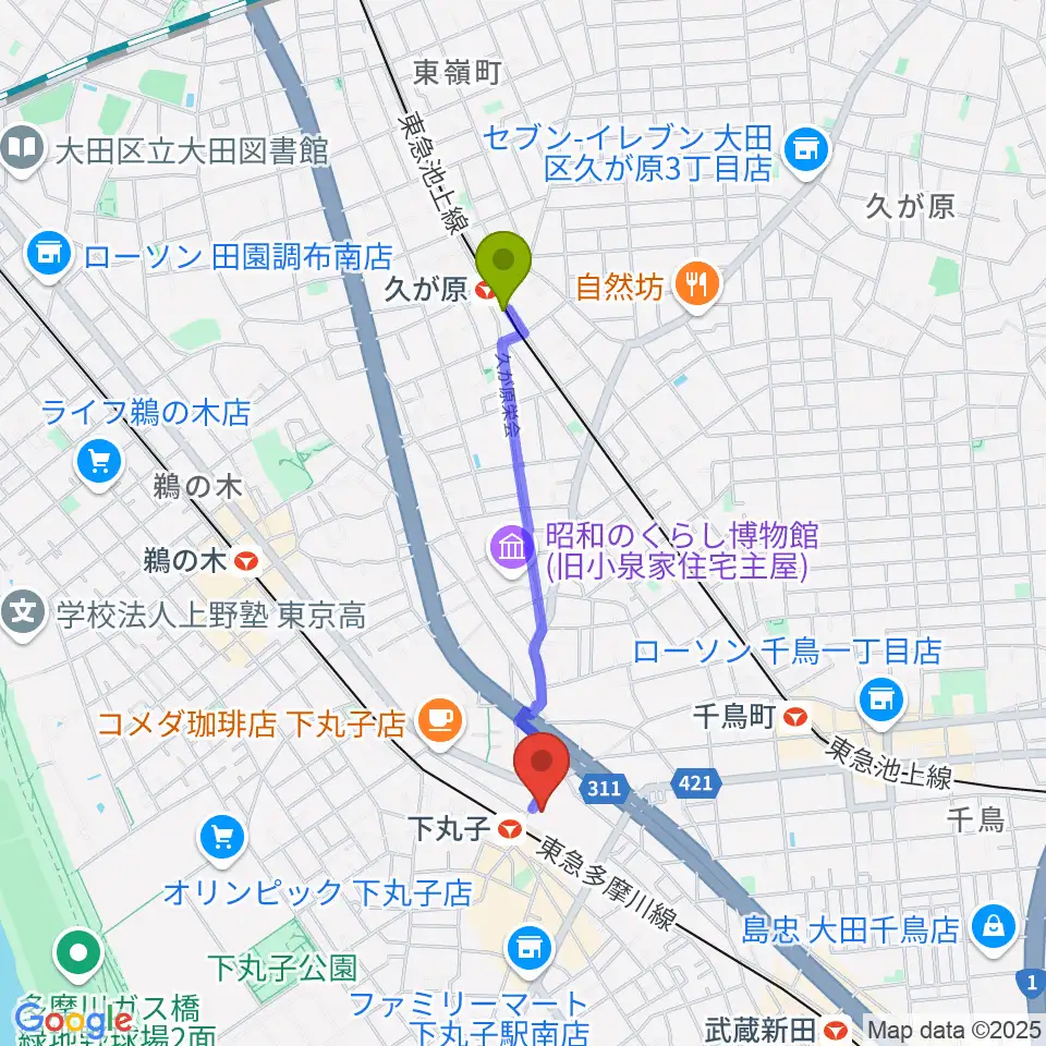 久が原駅から大田区民プラザへのルートマップ地図