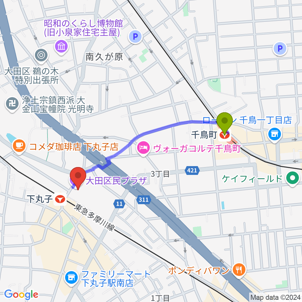 千鳥町駅から大田区民プラザへのルートマップ地図