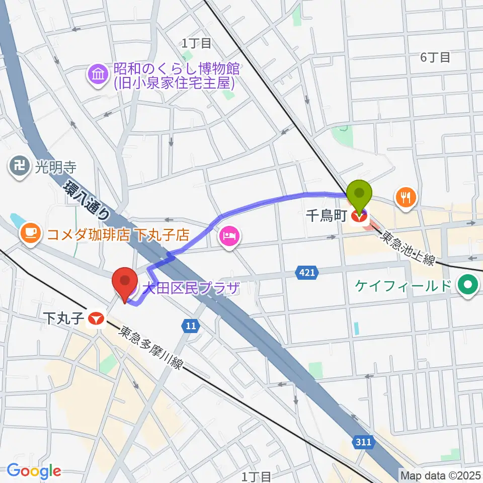 千鳥町駅から大田区民プラザへのルートマップ地図