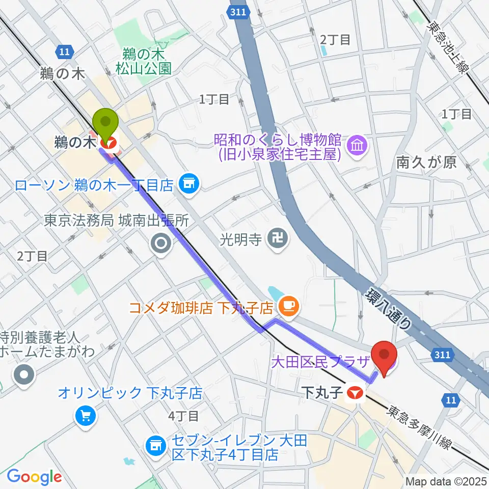 鵜の木駅から大田区民プラザへのルートマップ地図
