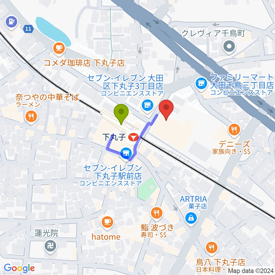 大田区民プラザの最寄駅下丸子駅からの徒歩ルート（約1分）地図