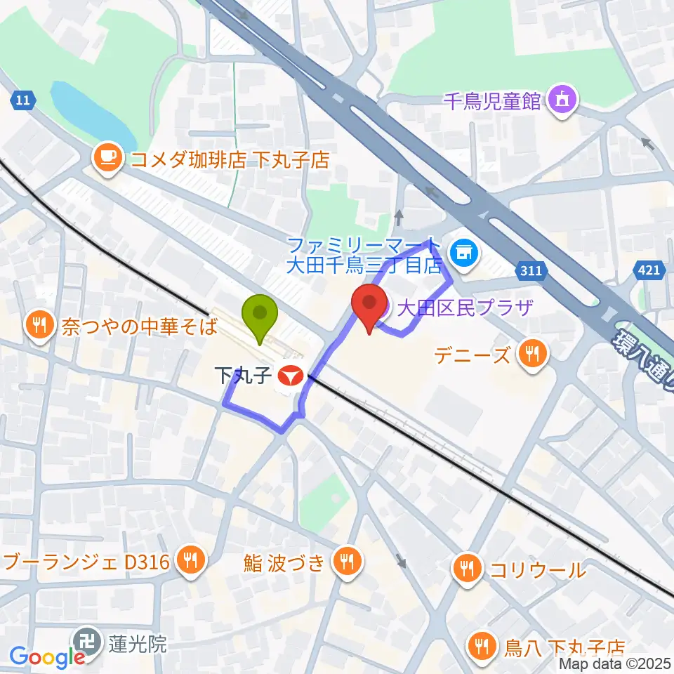 大田区民プラザの最寄駅下丸子駅からの徒歩ルート（約1分）地図