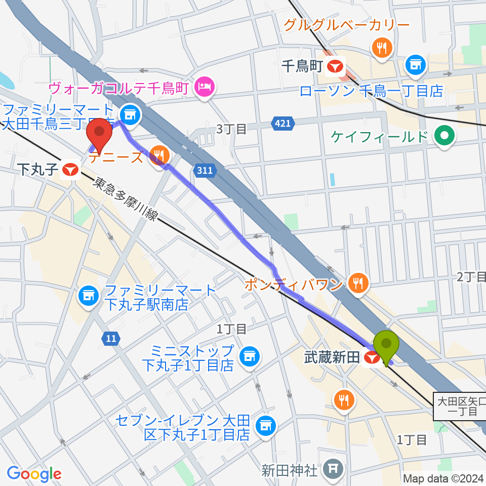 武蔵新田駅から大田区民プラザへのルートマップ地図