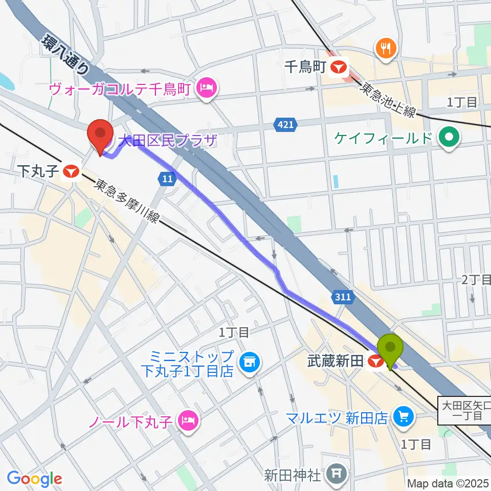 武蔵新田駅から大田区民プラザへのルートマップ地図