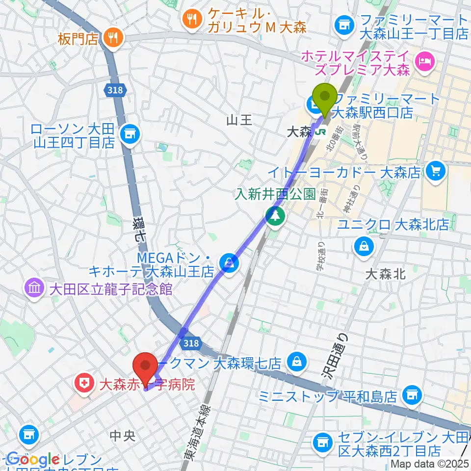 大田文化の森ホールの最寄駅大森駅からの徒歩ルート（約21分）地図