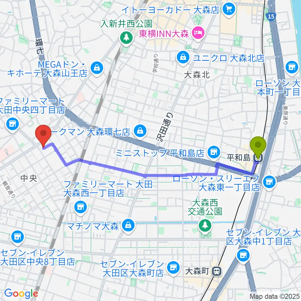 平和島駅から大田文化の森ホールへのルートマップ地図