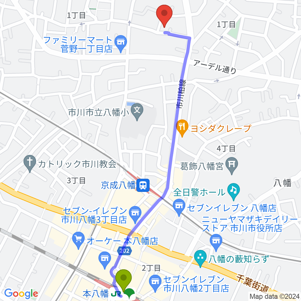 ハーティスト・ミュージックの最寄駅本八幡駅からの徒歩ルート（約14分）地図
