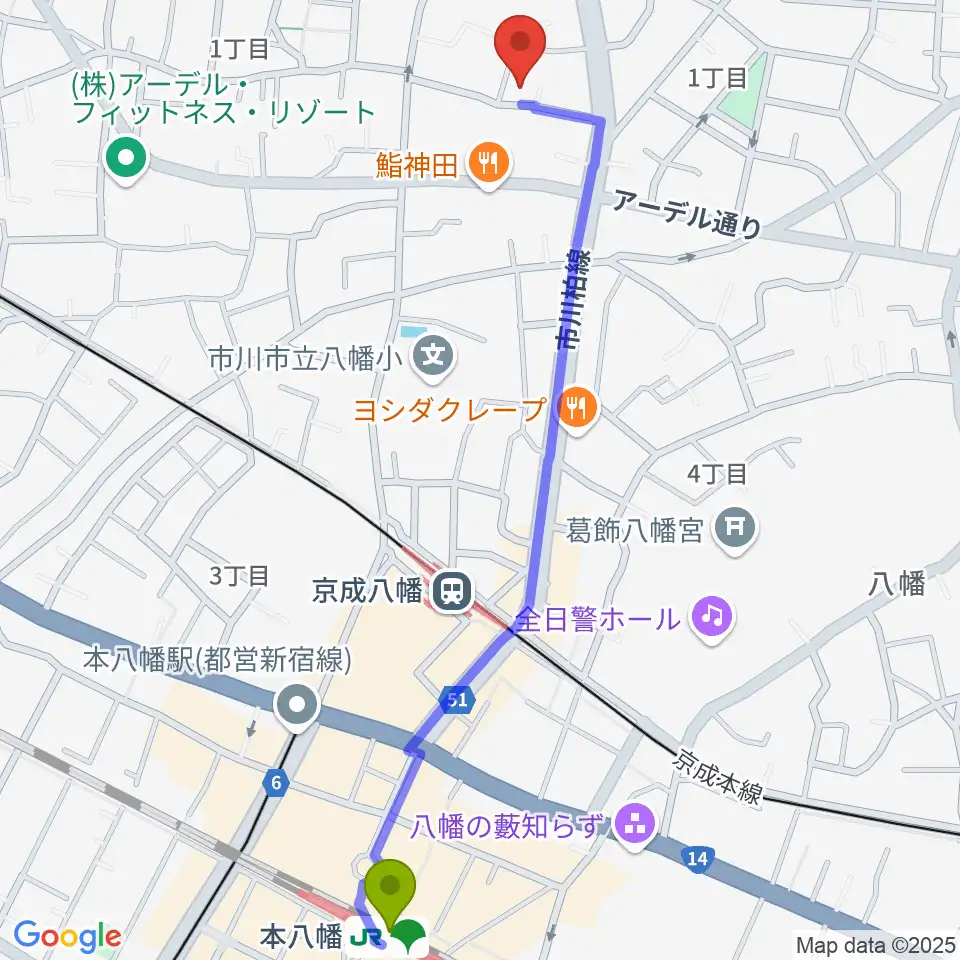 ハーティスト・ミュージックの最寄駅本八幡駅からの徒歩ルート（約14分）地図