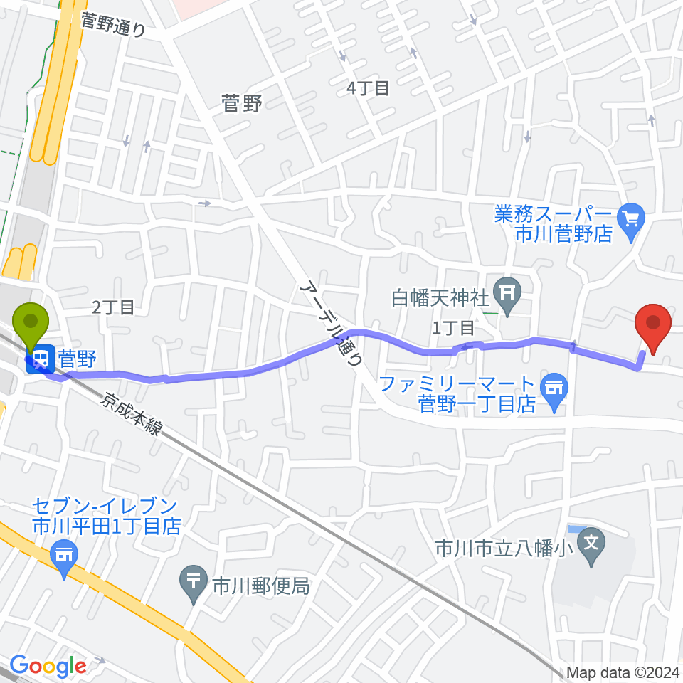 菅野駅からハーティスト・ミュージックへのルートマップ地図