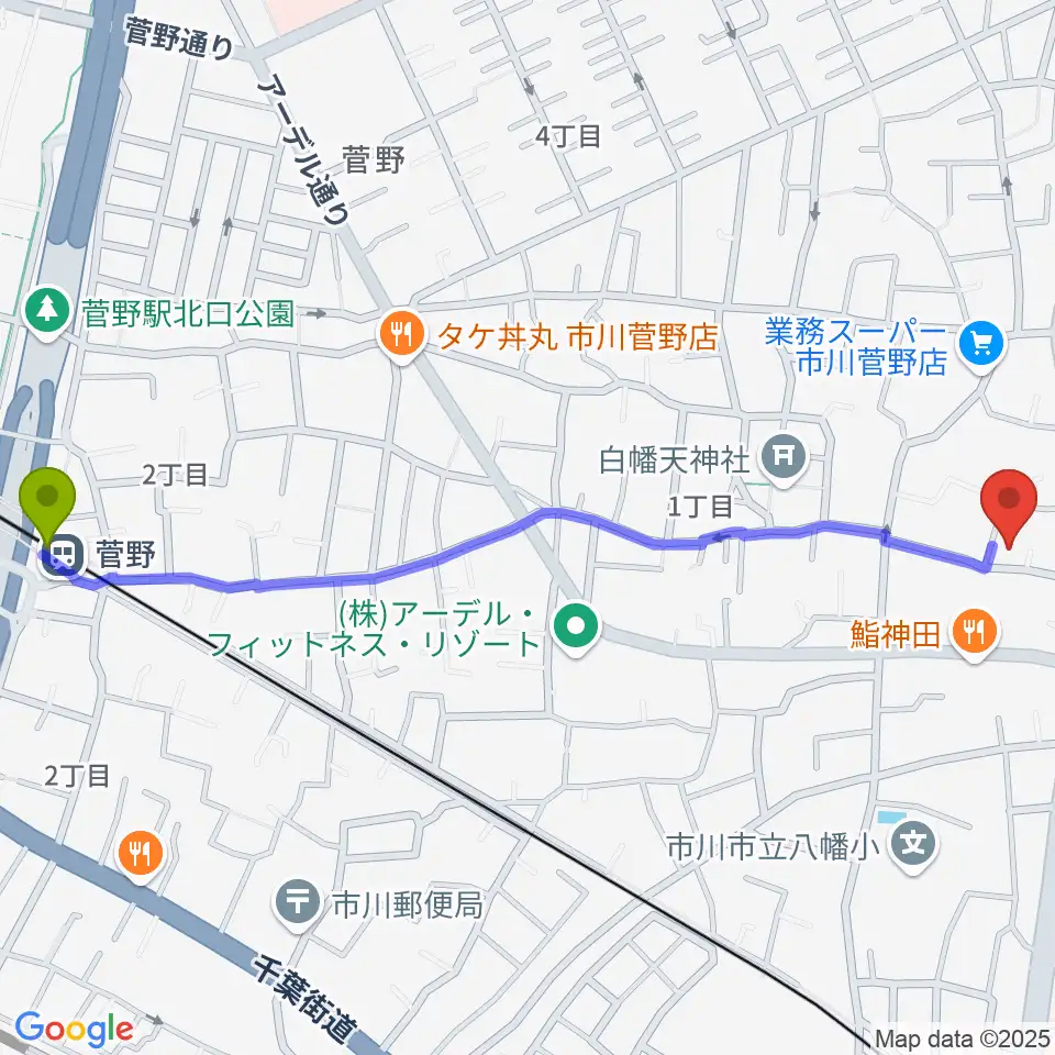 菅野駅からハーティスト・ミュージックへのルートマップ地図