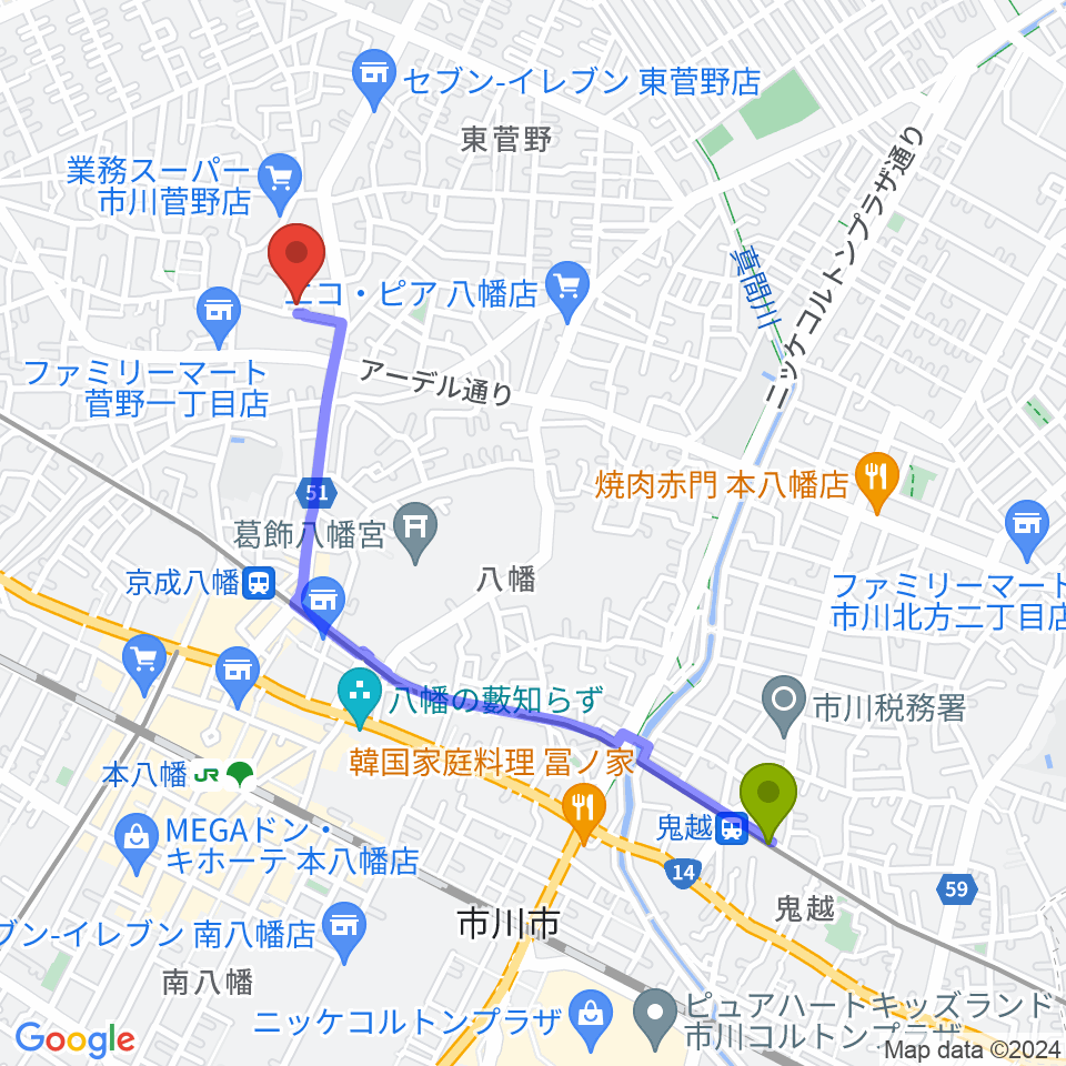 鬼越駅からハーティスト・ミュージックへのルートマップ地図