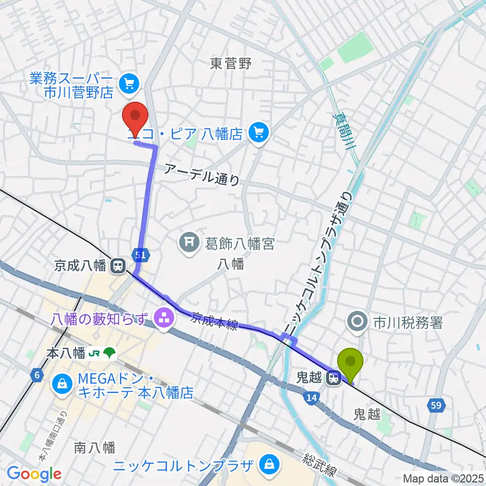 鬼越駅からハーティスト・ミュージックへのルートマップ地図