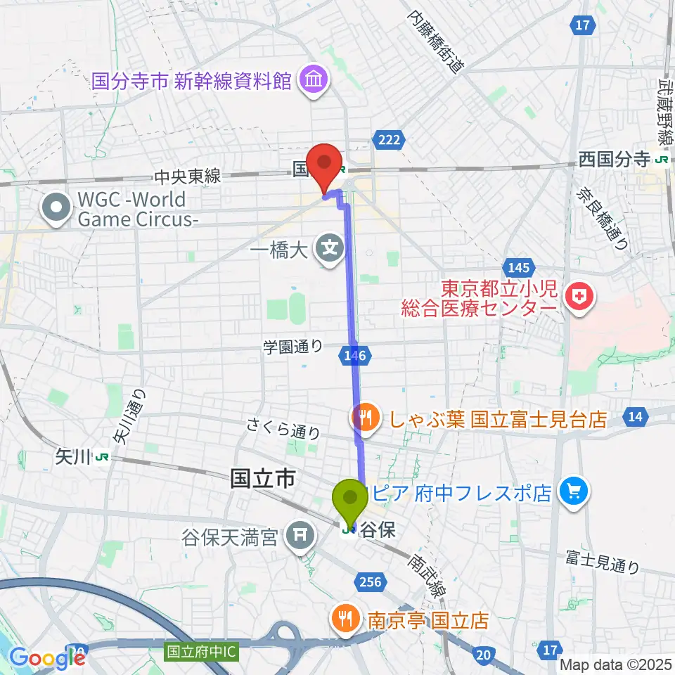 谷保駅からFAR EAST GUITARSへのルートマップ地図