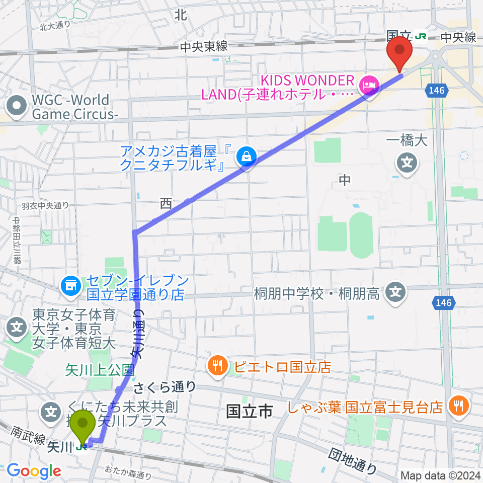 矢川駅からFAR EAST GUITARSへのルートマップ地図