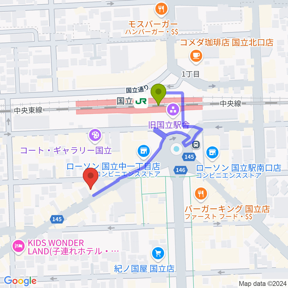 FAR EAST GUITARSの最寄駅国立駅からの徒歩ルート（約3分）地図