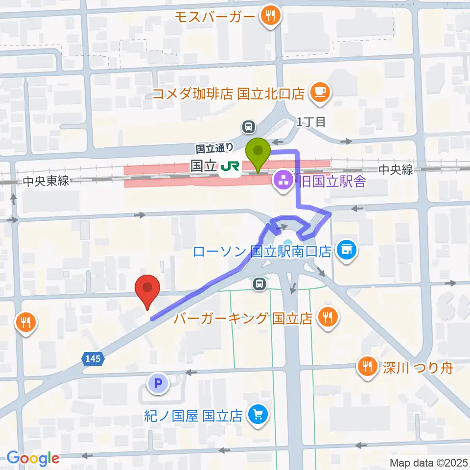 FAR EAST GUITARSの最寄駅国立駅からの徒歩ルート（約3分）地図