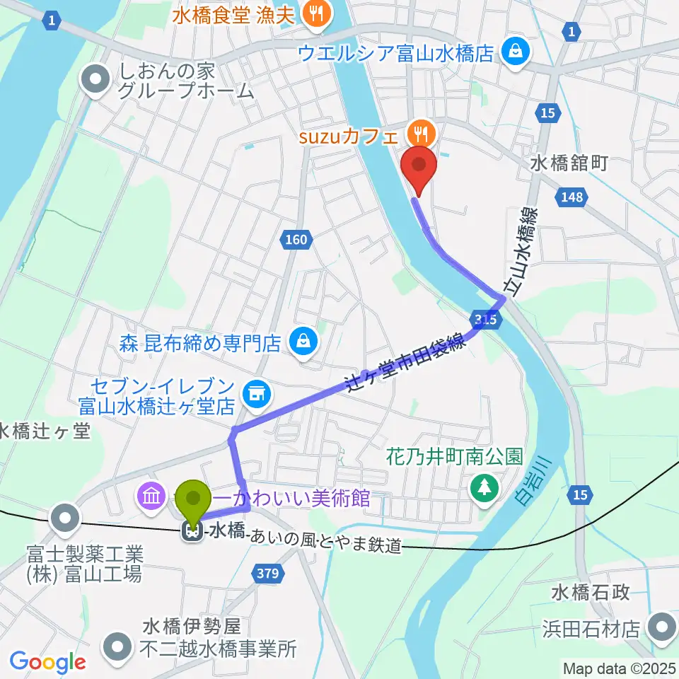 ギターショップHIRUYAの最寄駅水橋駅からの徒歩ルート（約18分）地図