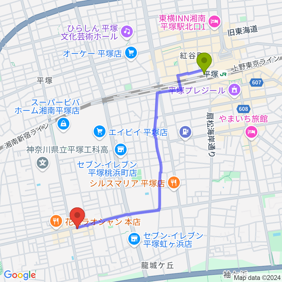 リアリーミュージックの最寄駅平塚駅からの徒歩ルート（約22分）地図