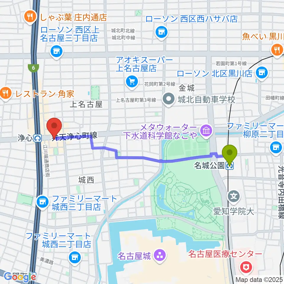 名城公園駅からビッグシティギターズへのルートマップ地図