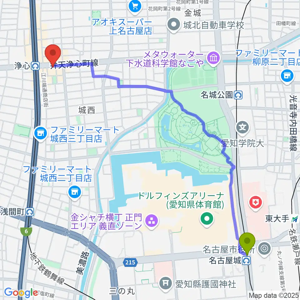市役所駅からビッグシティギターズへのルートマップ地図