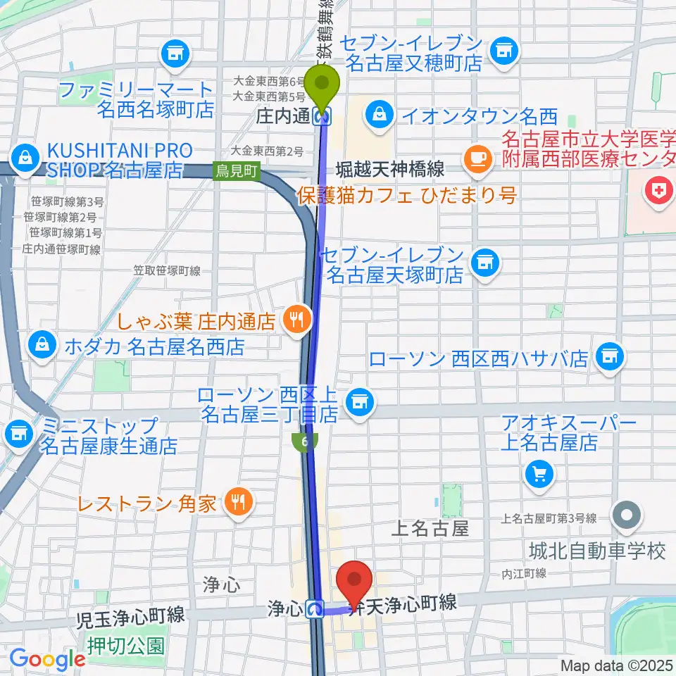 庄内通駅からビッグシティギターズへのルートマップ地図