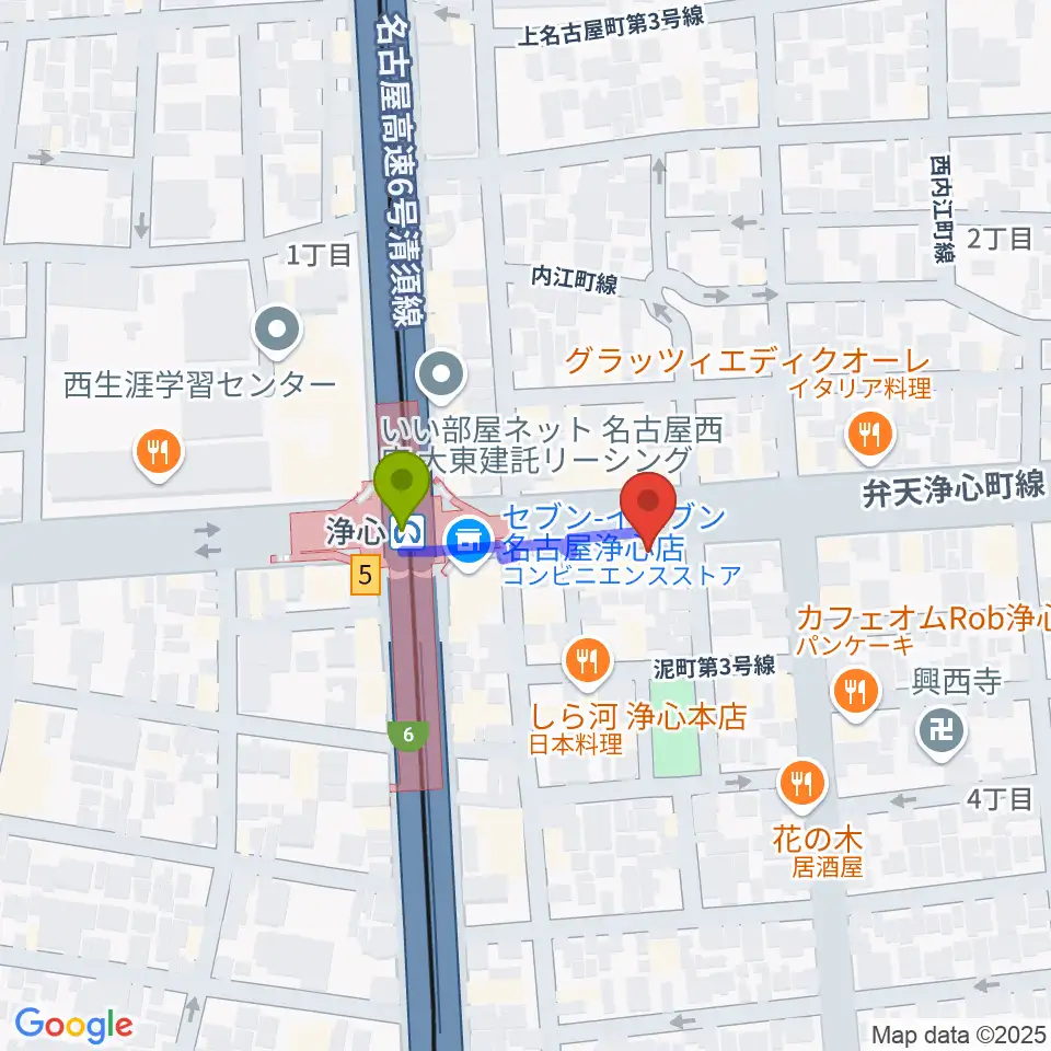 ビッグシティギターズの最寄駅浄心駅からの徒歩ルート（約2分）地図