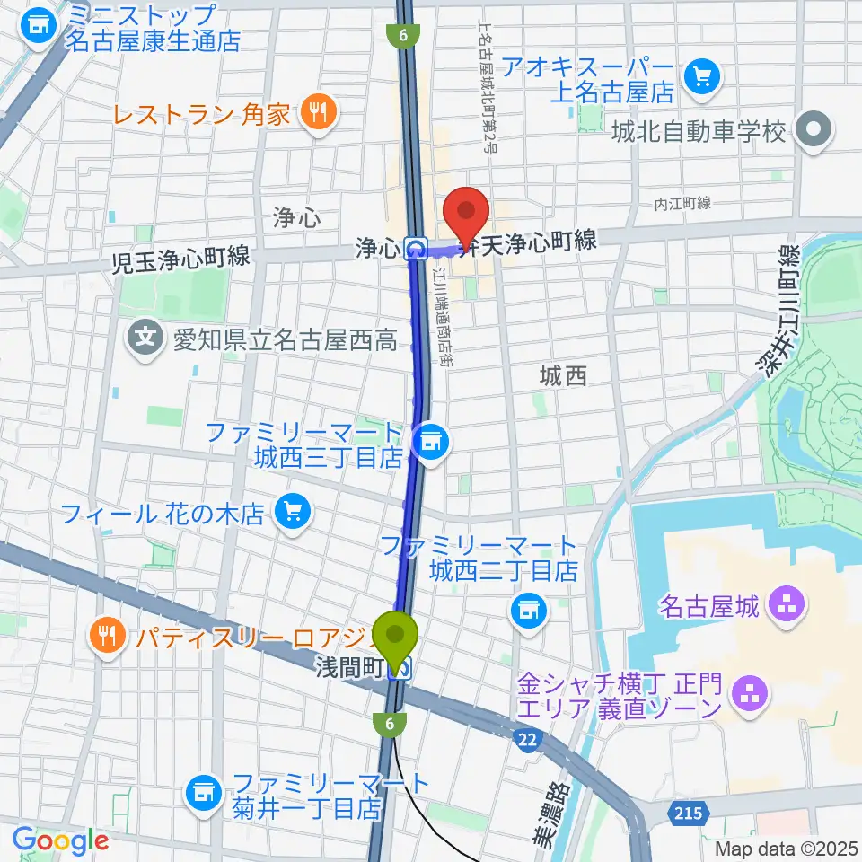 浅間町駅からビッグシティギターズへのルートマップ地図