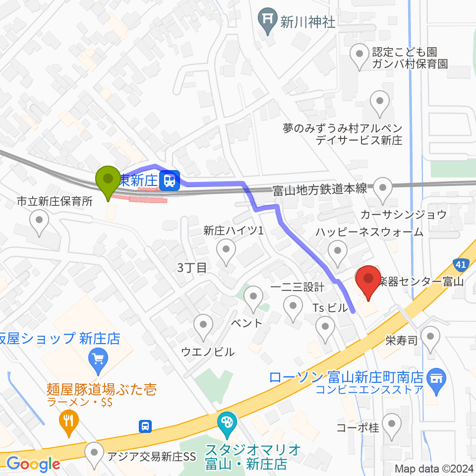 MPC楽器センター富山の最寄駅東新庄駅からの徒歩ルート（約4分）地図