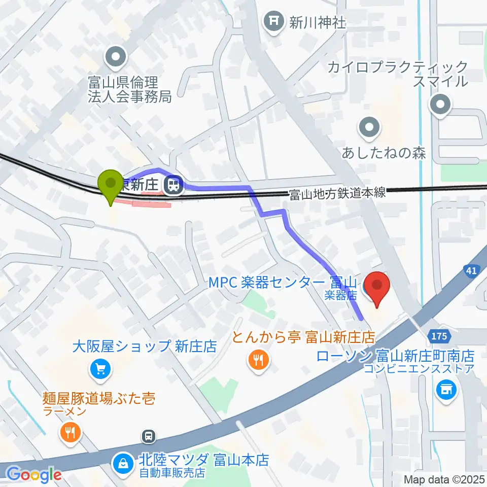 MPC楽器センター富山の最寄駅東新庄駅からの徒歩ルート（約4分）地図