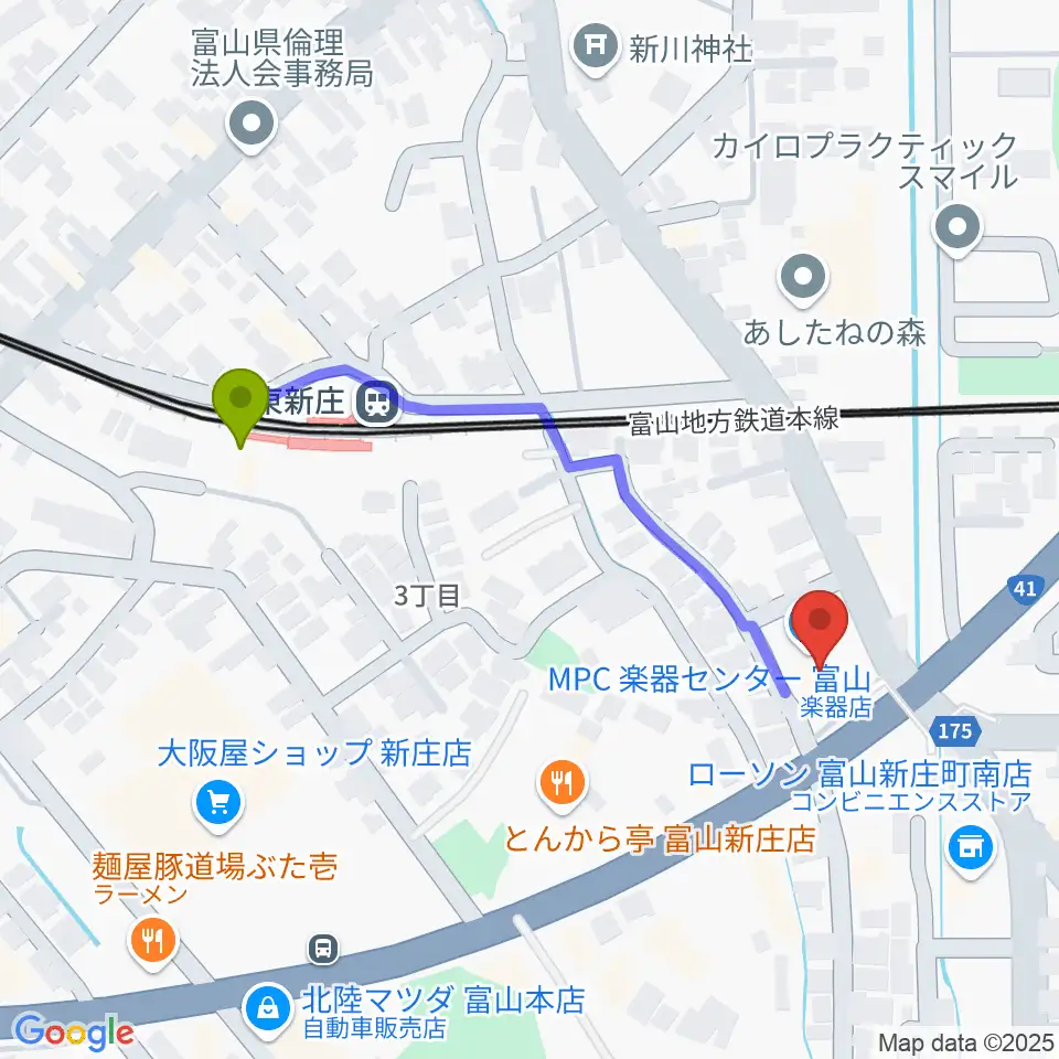 MPC楽器センター富山の最寄駅東新庄駅からの徒歩ルート（約4分）地図