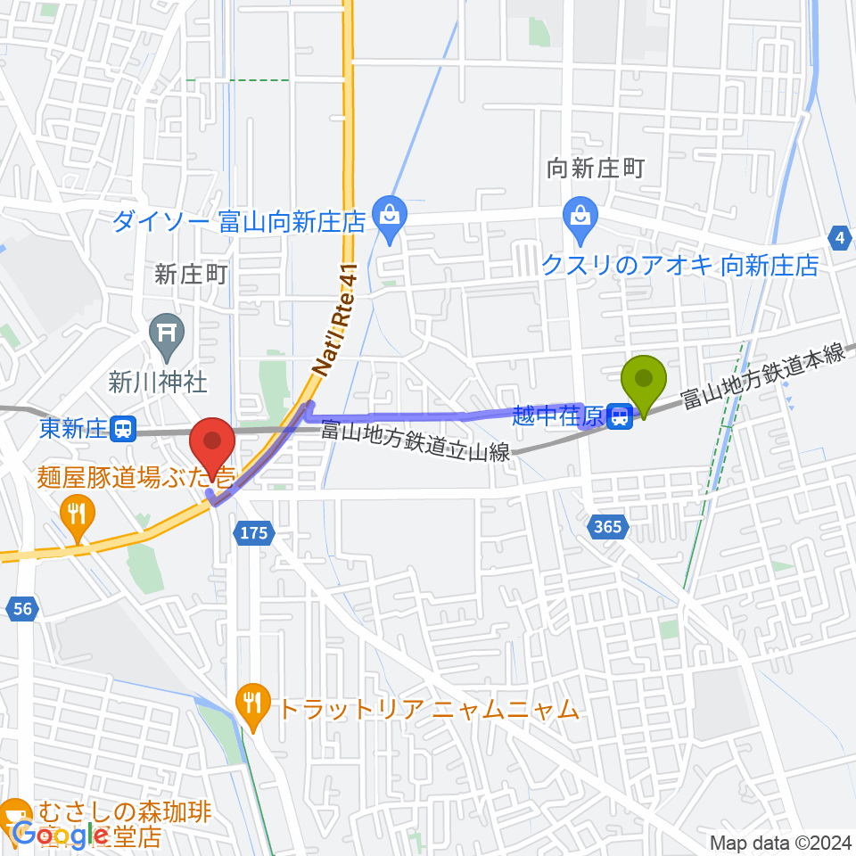 越中荏原駅からMPC楽器センター富山へのルートマップ地図