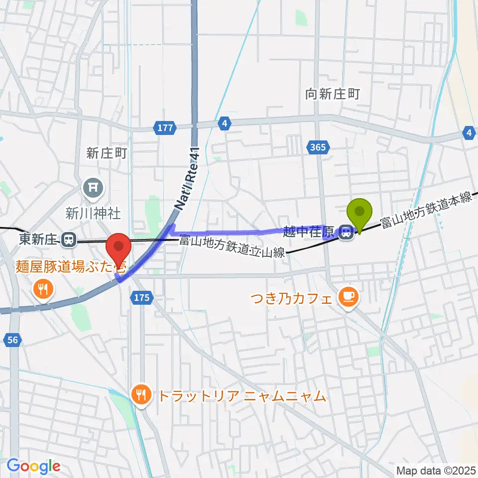 越中荏原駅からMPC楽器センター富山へのルートマップ地図