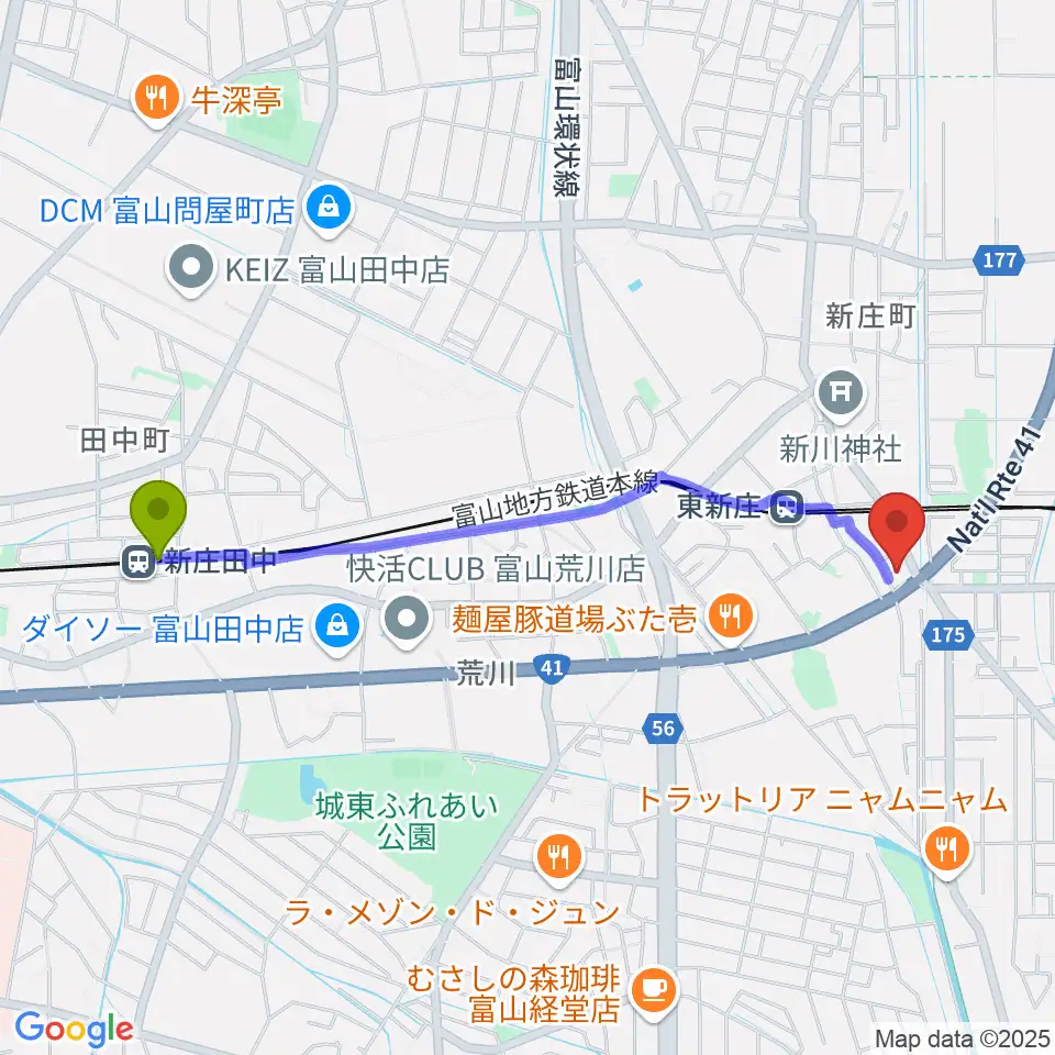 新庄田中駅からMPC楽器センター富山へのルートマップ地図