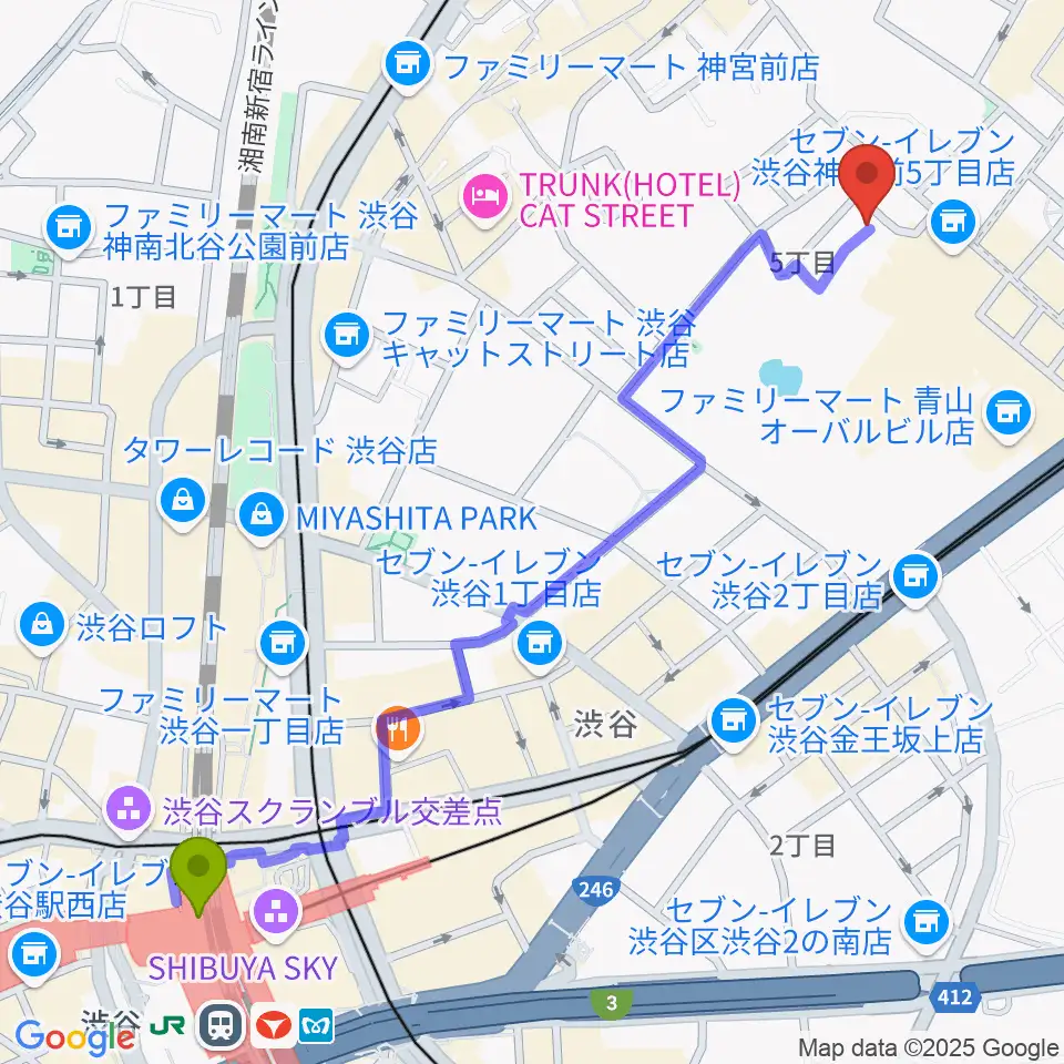 渋谷駅から表参道ラパン・エ・アロへのルートマップ地図