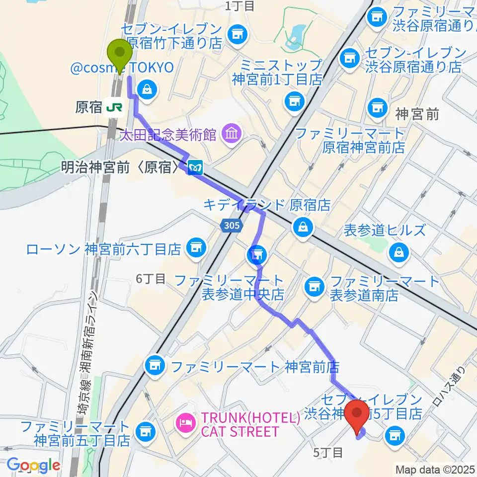 原宿駅から表参道ラパン・エ・アロへのルートマップ地図
