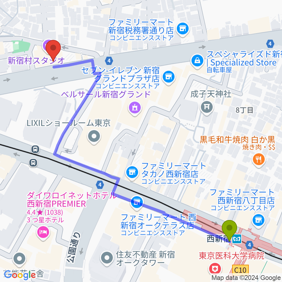 新宿村スタジオの最寄駅西新宿駅からの徒歩ルート（約7分）地図