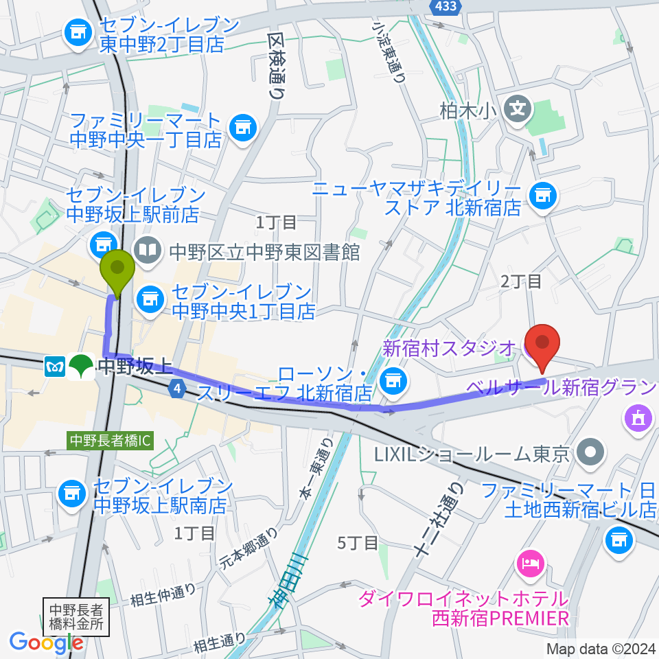 中野坂上駅から新宿村スタジオへのルートマップ地図