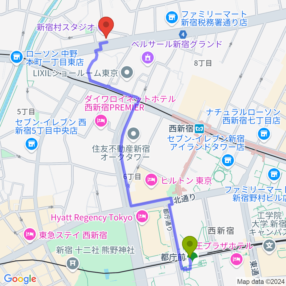 都庁前駅から新宿村スタジオへのルートマップ地図