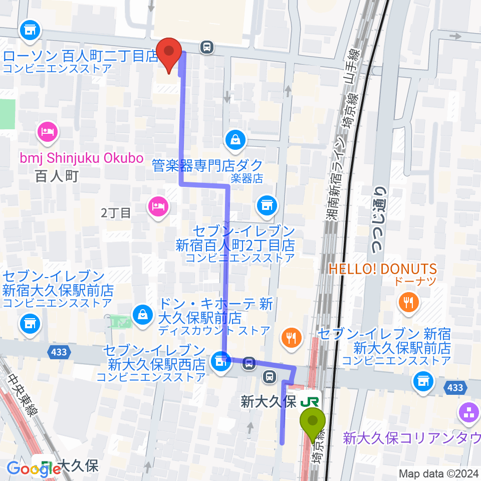 STUDIO VIRTUOSIの最寄駅新大久保駅からの徒歩ルート（約6分）地図